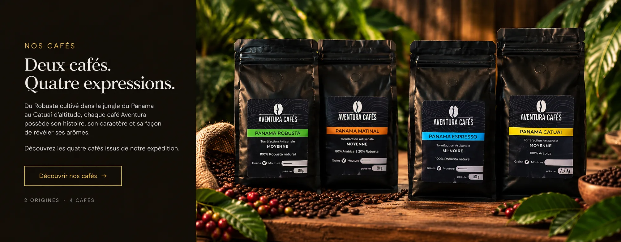 Les quatre cafés Aventura Cafés dans un univers tropical et artisanal